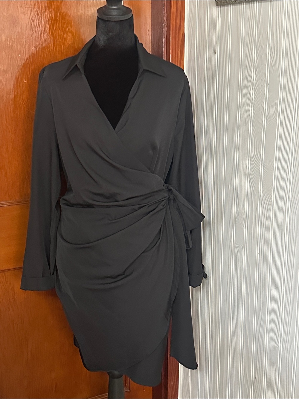 Black Wrap Tie-Side Shirt Dress